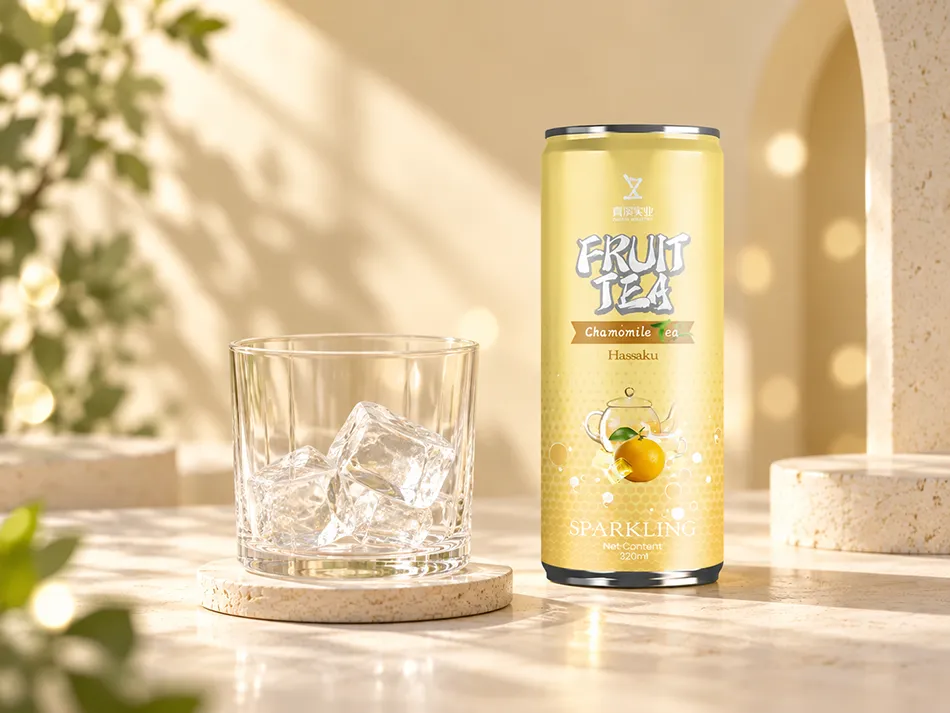 Hassaku and chamomile sparkling tea can beside a glass with ice in a warm cream serving scene.