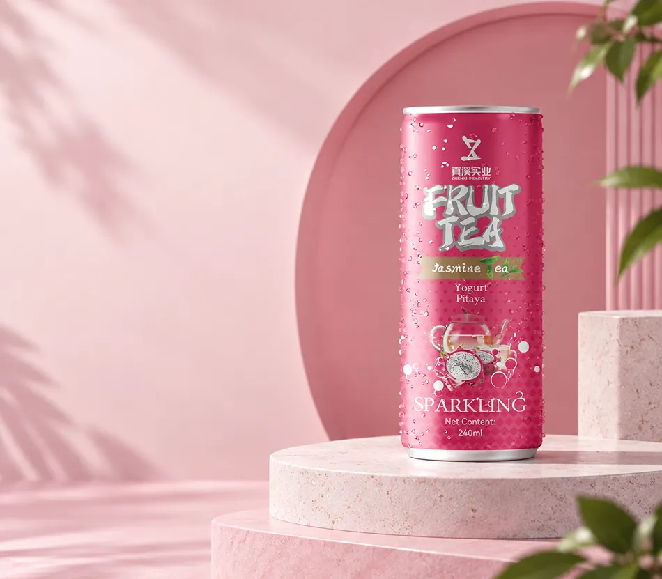ZhenXi dragon fruit and yogurt-flavor jasmine sparkling tea can in a pink studio scene, with a 250ml Slim can and 240ml fill.