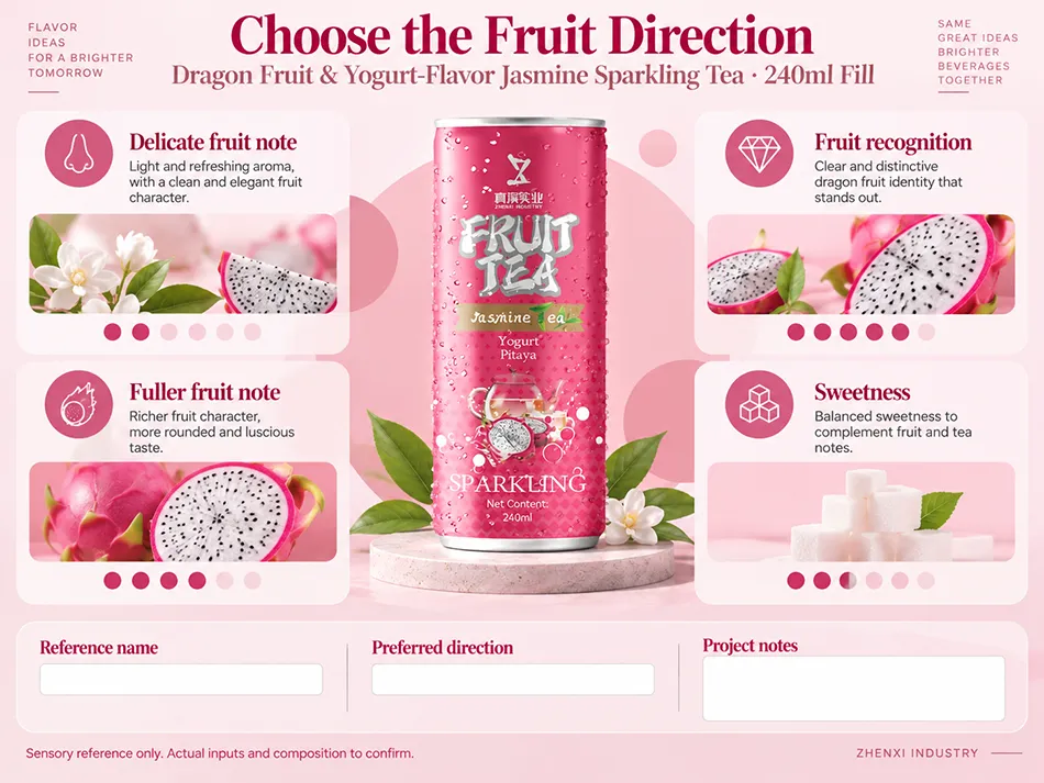 Dragon fruit flavor reference comparing delicate and fuller fruit notes, fruit recognition and sweetness for sparkling tea.