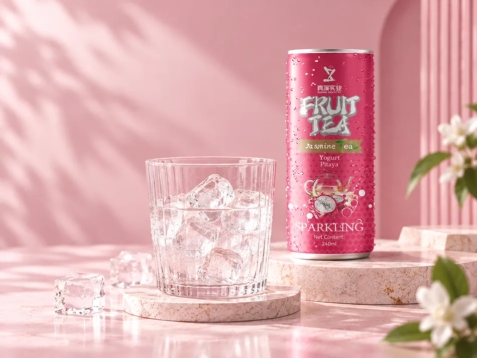 ZhenXi dragon fruit and yogurt-flavor jasmine sparkling tea can beside an iced glass in a pink serving scene.
