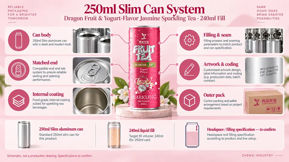 250ml Slim aluminum can system with 240ml liquid fill, reviewing the can body, matched end, coating, seam, coding and outer pack.