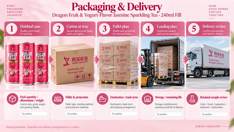 Packing and delivery reference showing finished cans, cartons, pallets, loading and delivery review for sparkling tea orders.