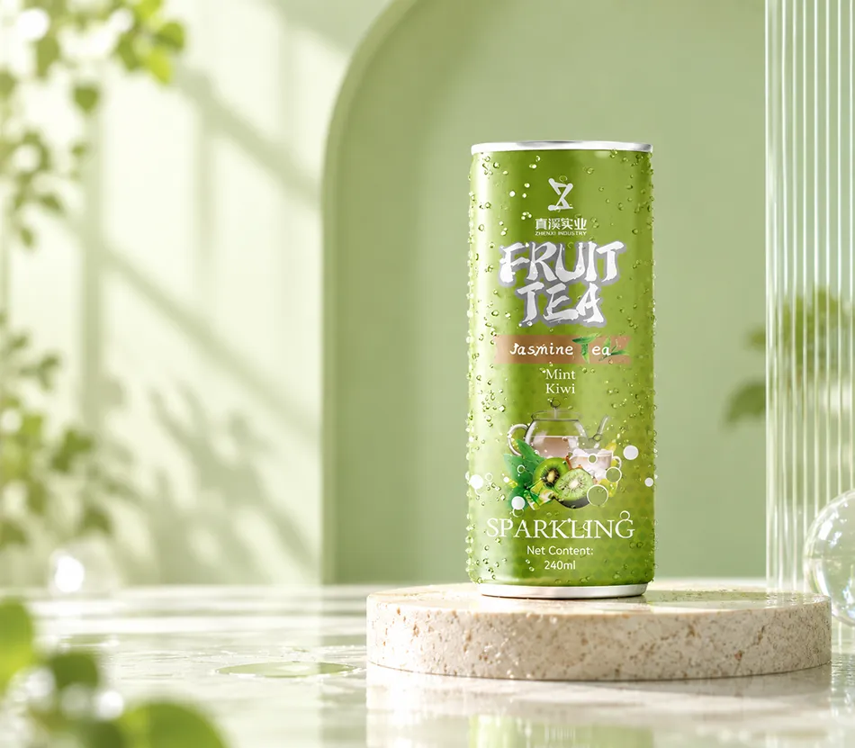 ZhenXi kiwi, mint and jasmine sparkling tea can in a pale green studio scene, with a 250ml Slim can and 240ml fill.
