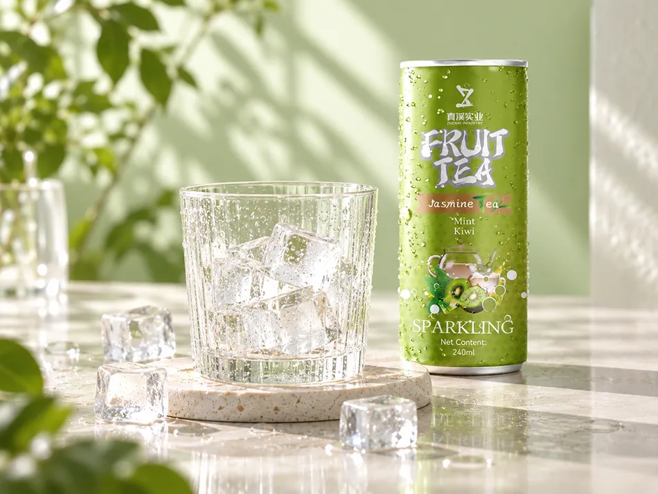 ZhenXi kiwi, mint and jasmine sparkling tea can beside an iced glass in a pale green serving scene.