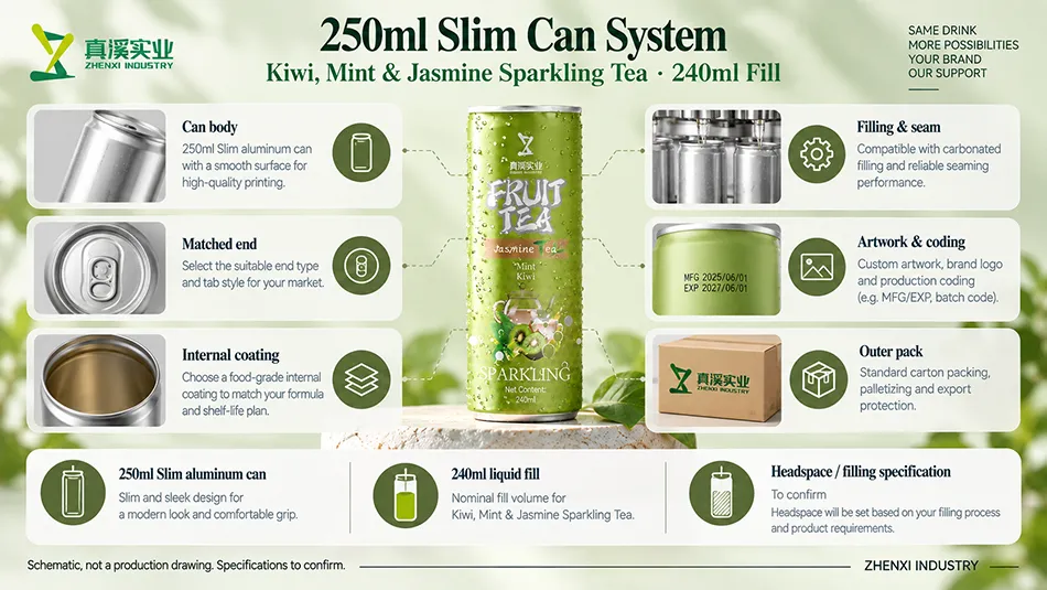 250ml Slim aluminum can system with 240ml liquid fill, reviewing the can body, matched end, coating, seam, coding and outer pack.