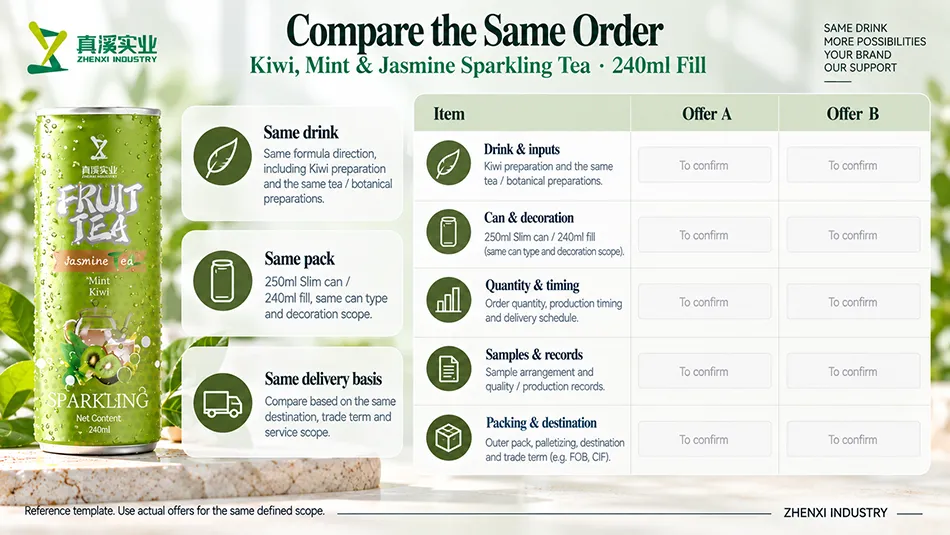 Quotation comparison checklist for the same kiwi, mint and jasmine drink, 250ml Slim can with 240ml fill, quantity, samples, records, packing and destination.
