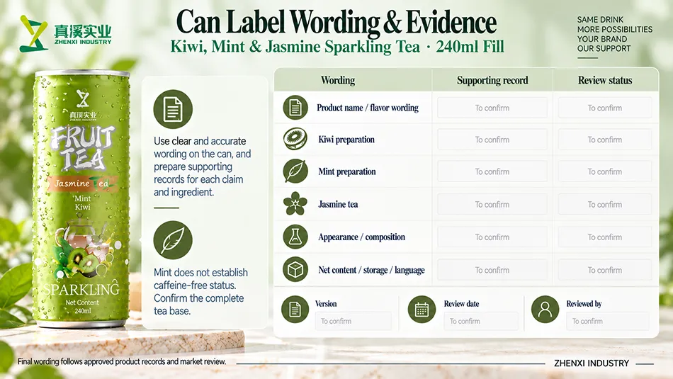 Label wording review matching kiwi preparation, mint preparation, jasmine tea, composition and net content with supporting records and artwork approval.