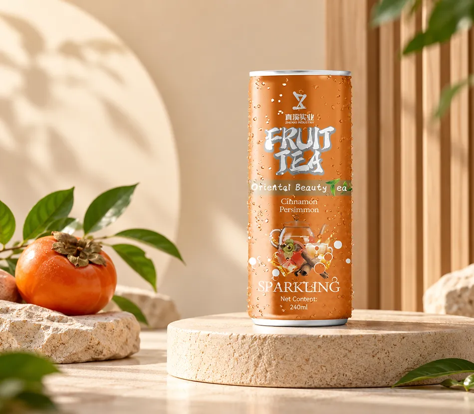 ZhenXi persimmon, cinnamon and Oriental Beauty oolong sparkling tea can in a warm cream studio scene, with a 250ml Slim can and 240ml fill.