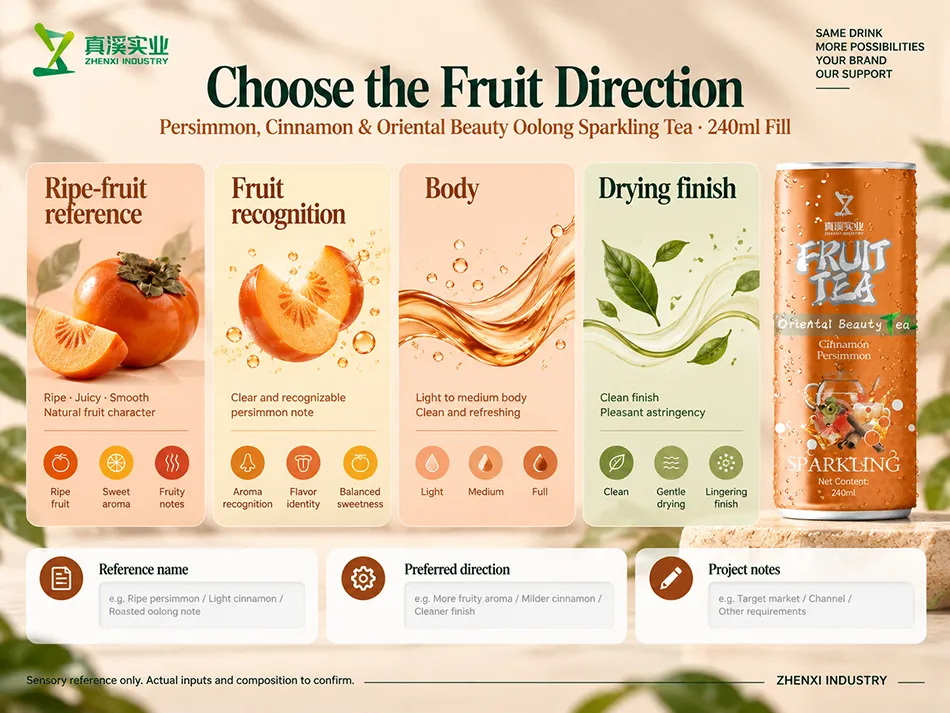 Persimmon flavor reference reviewing ripe-fruit character, fruit recognition, body and drying finish for cinnamon and Oriental Beauty oolong sparkling tea.