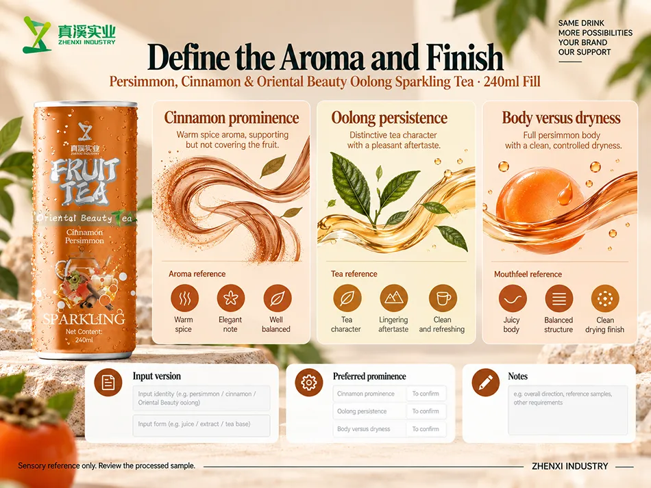 Aroma and finish reference separating cinnamon prominence, oolong persistence, and body versus dryness in persimmon sparkling tea.