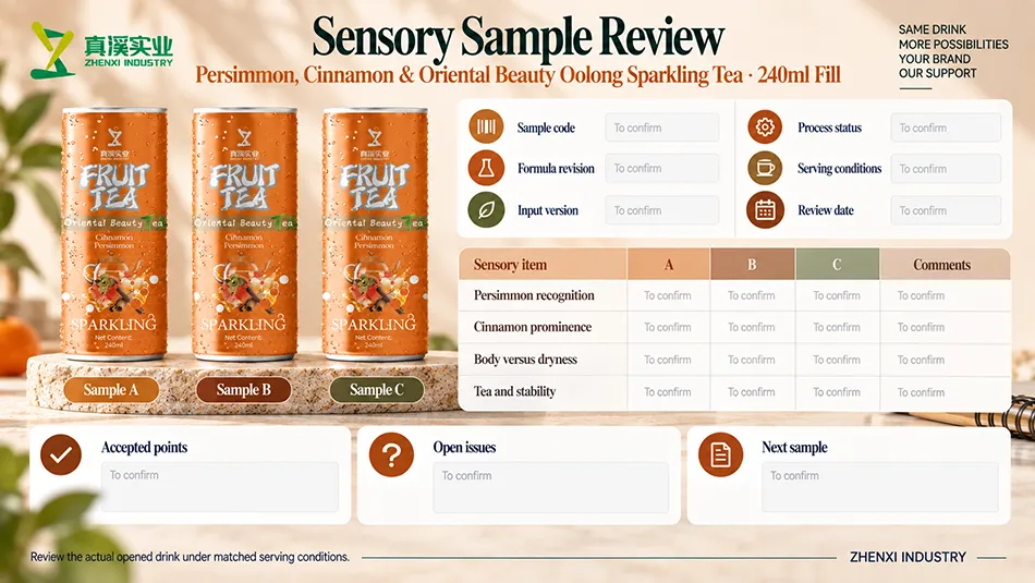 Coded sample review matrix for persimmon recognition, cinnamon prominence, body versus dryness, and tea and stability observations.