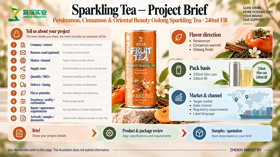 Project brief guide for persimmon, cinnamon and Oriental Beauty oolong sparkling tea, showing flavor direction, 250ml Slim can with 240ml fill, and market information.