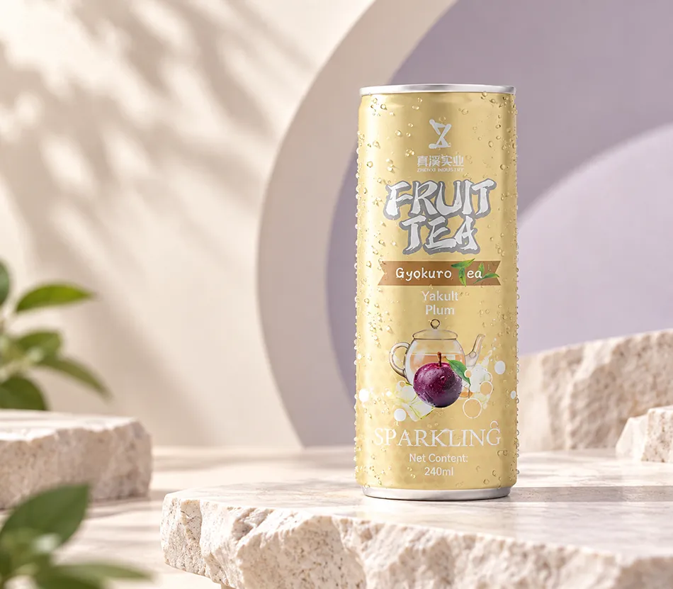 ZhenXi Plum and Cultured-Milk-Flavor Gyokuro sparkling tea can on a stone plinth in a cream and lavender studio scene, with a 250ml Slim can and 240ml fill.