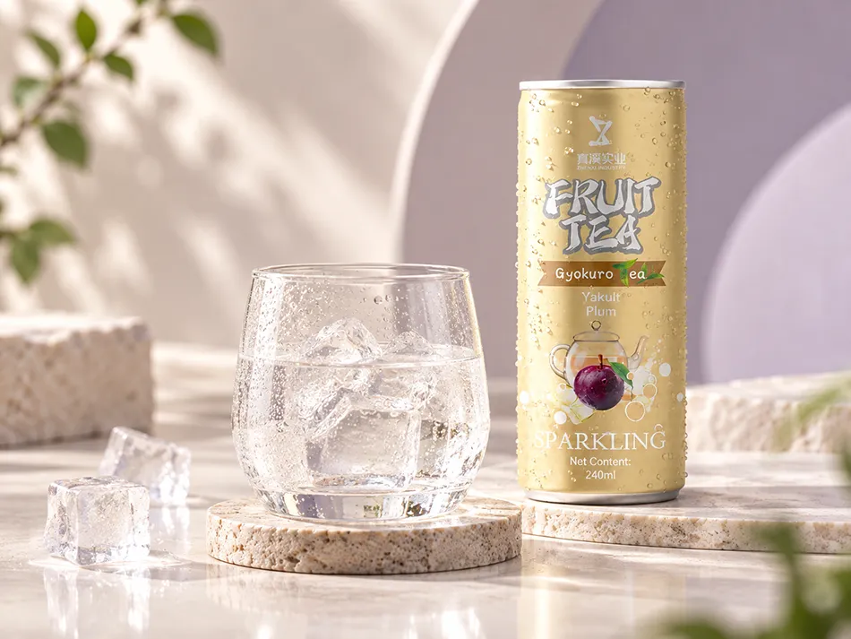 ZhenXi Plum and Cultured-Milk-Flavor Gyokuro sparkling tea can beside an iced glass in a cream and lavender serving scene.