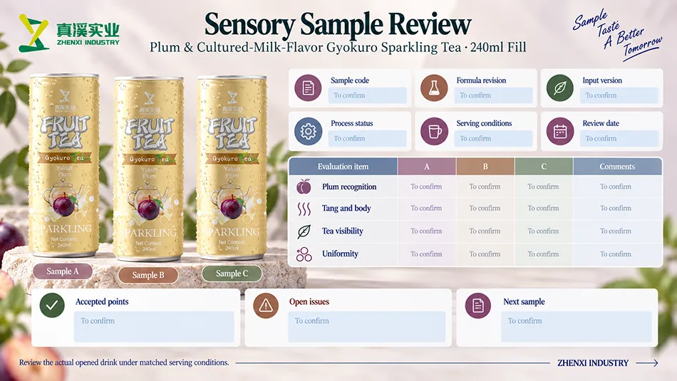 Sample A, B and C review for plum and cultured-milk-flavor Gyokuro sparkling tea, comparing plum recognition, tang and body, tea character and uniformity.