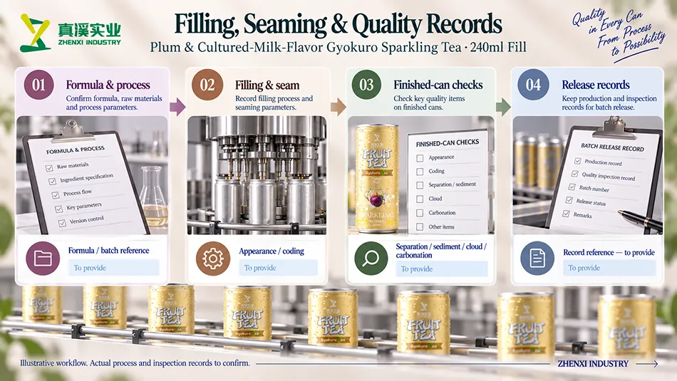 Production review guide covering formula and process, filling and seam, appearance and coding, separation, sediment, cloud, carbonation and release records.