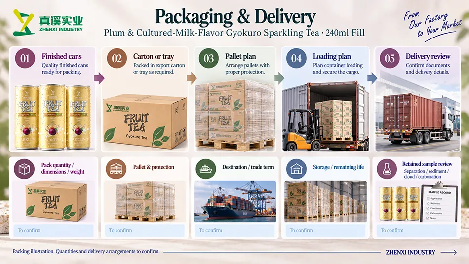 Packing and delivery reference showing finished plum tea cans, cartons, pallets, loading, storage and retained sample review.