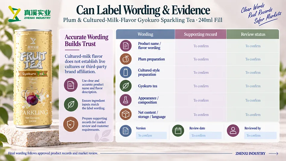 Label wording review matching plum preparation, cultured-style preparation, Gyokuro tea, appearance, composition and net content with supporting records.