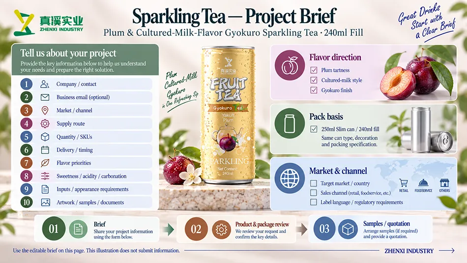 Project brief guide for plum and cultured-milk-flavor Gyokuro sparkling tea, showing flavor direction, 250ml Slim can with 240ml fill, and market information.