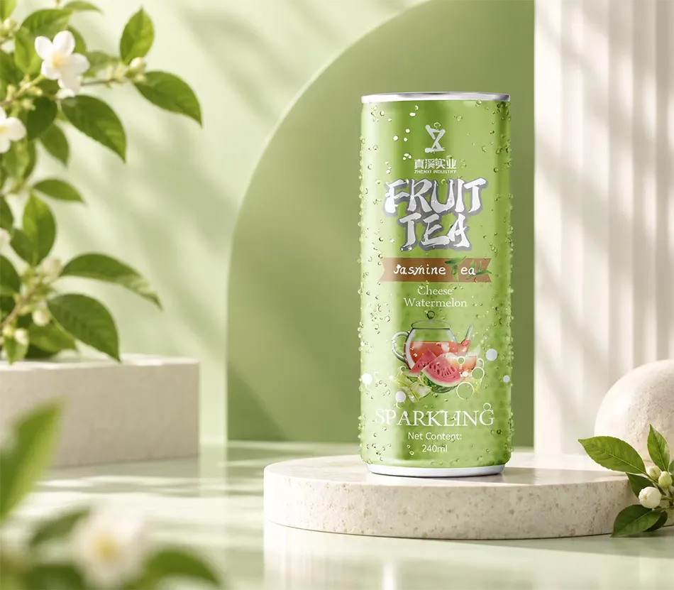 ZhenXi watermelon and cheese-flavor jasmine sparkling tea can in a pale green studio scene, with a 250ml Slim can and 240ml fill.