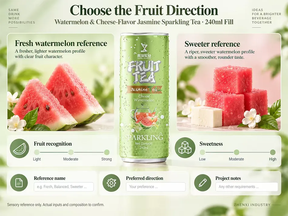 Watermelon flavor reference comparing fresh and sweeter fruit directions, fruit recognition and sweetness for sparkling tea.