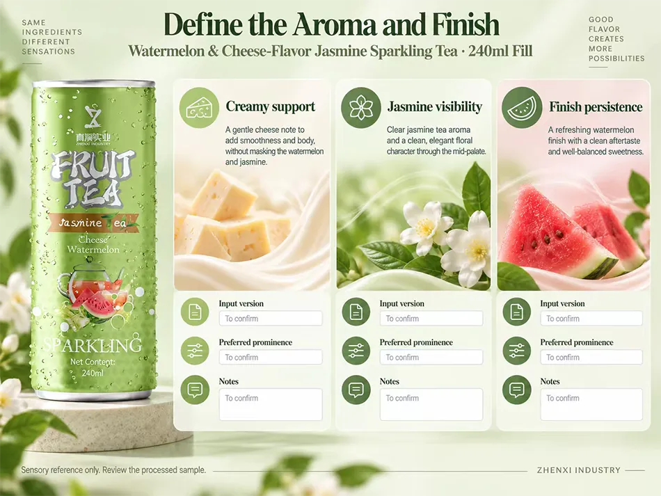 Aroma and body reference for creamy support, jasmine visibility and finish persistence in watermelon cheese-flavor sparkling tea.
