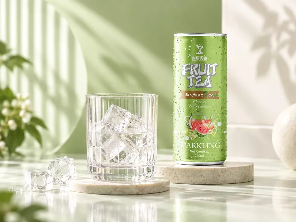 ZhenXi watermelon and cheese-flavor jasmine sparkling tea can beside an iced glass in a pale green serving scene.