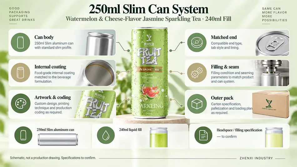 250ml Slim aluminum can system with 240ml liquid fill, reviewing the can body, matched end, coating, seam, coding and outer pack.