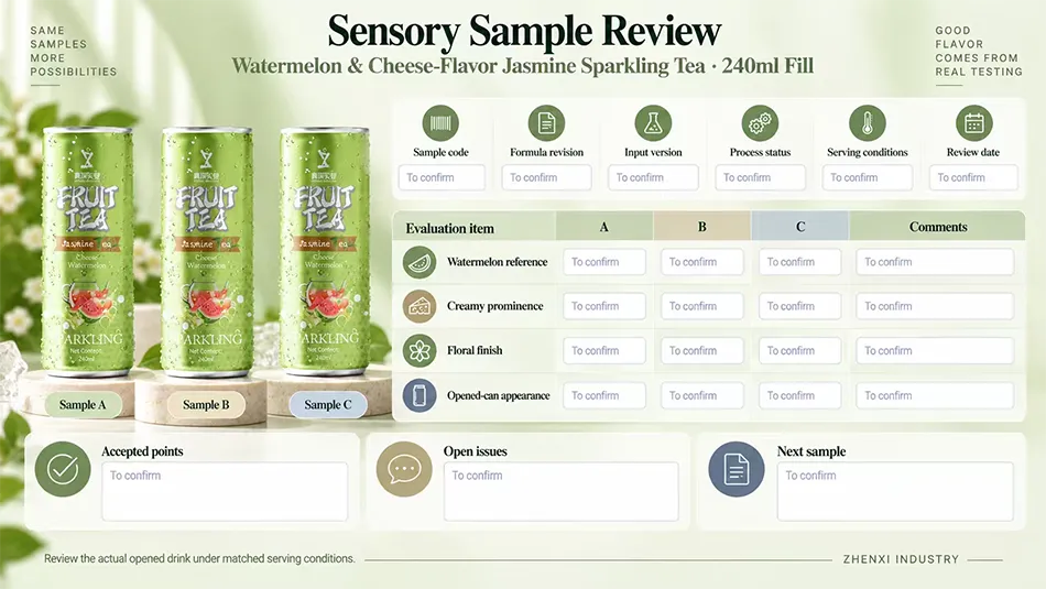 Coded sample review matrix for watermelon reference, creamy prominence, floral finish and opened-can appearance.