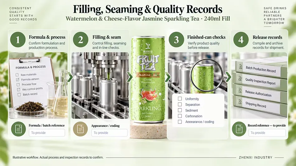 Production review guide covering formula and process, filling and seam checks, finished-can observations and release records.