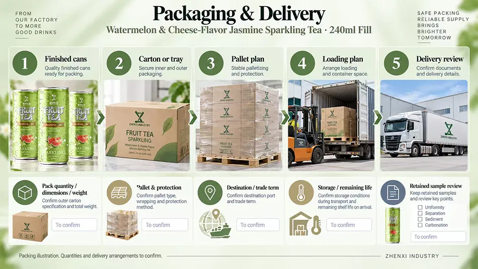 Packing and delivery reference showing finished cans, cartons, pallets, loading and delivery review for sparkling tea orders.