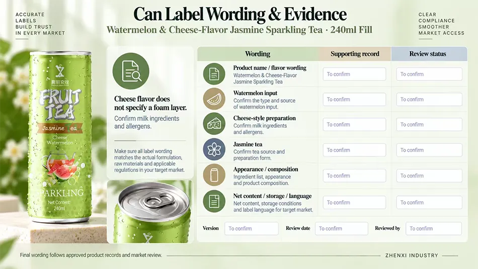 Label wording review matching watermelon, cheese-flavor and jasmine descriptions with formula records, milk ingredients, allergens and artwork approval.