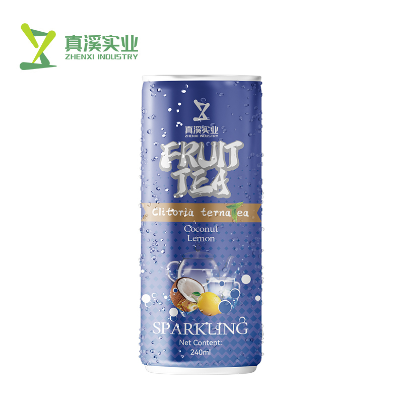 ZhenXi Coconut, Lemon, Butterfly Pea Sparkling Tea can on a white background.