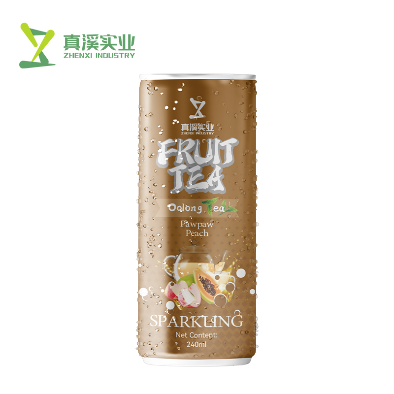 ZhenXi Papaya, Peach, Oolong Sparkling Tea can on a white background.