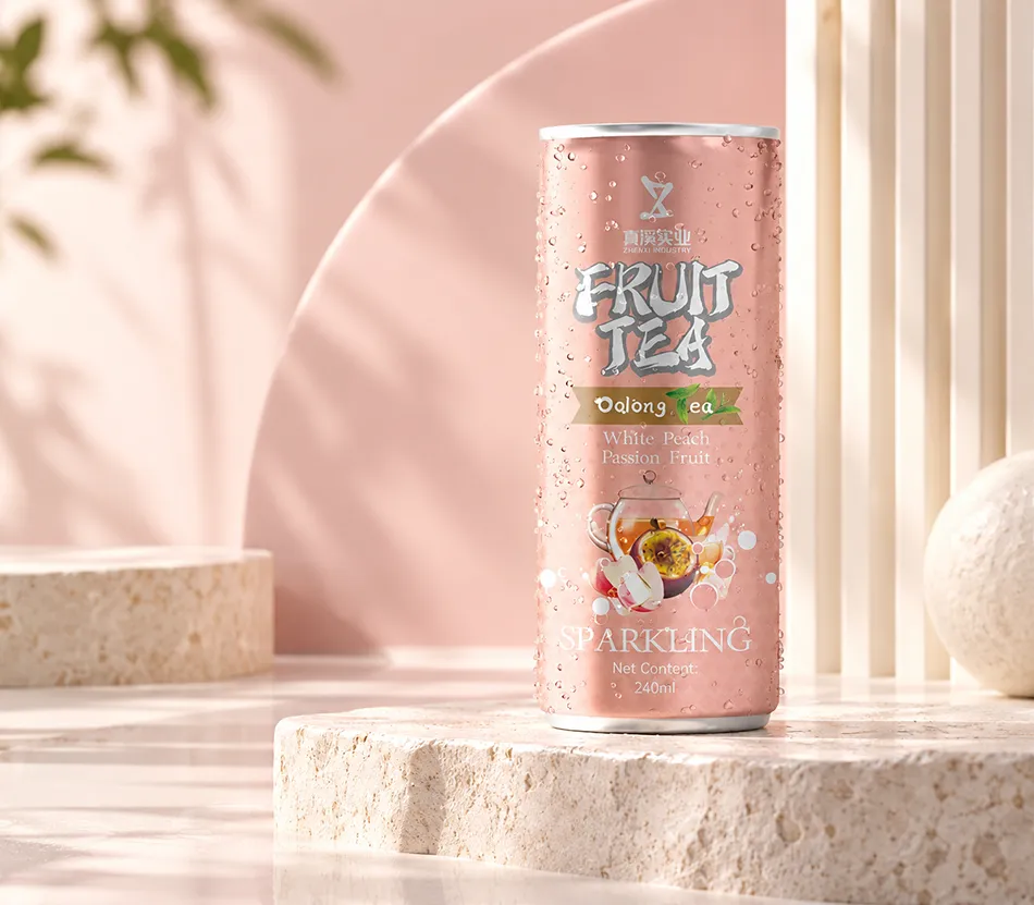 ZhenXi Passion Fruit, White Peach and Oolong sparkling tea can on a stone plinth in a soft pink and cream studio scene, with a 250ml Slim can and 240ml fill.