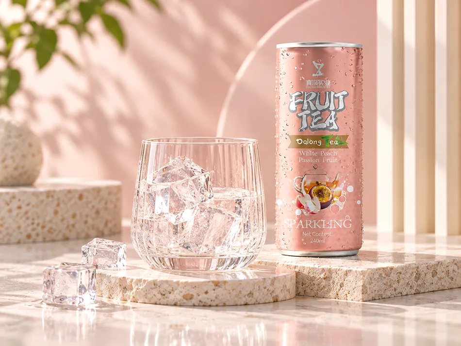 ZhenXi Passion Fruit, White Peach and Oolong sparkling tea can beside an iced glass in a soft pink and cream serving scene.