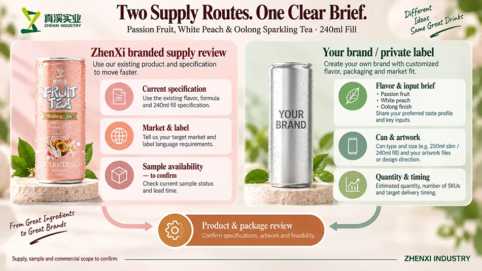 Comparison of ZhenXi branded supply review and private label development for passion fruit, white peach and oolong sparkling tea.