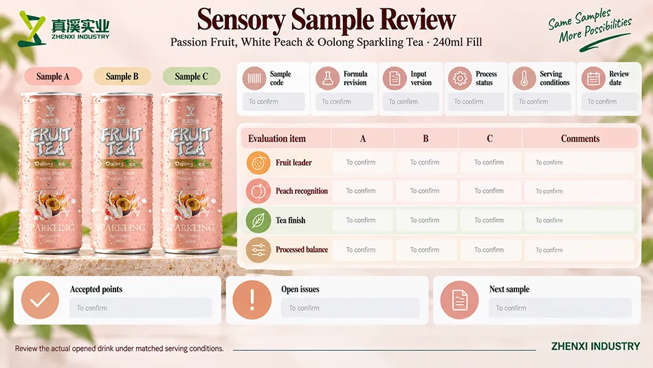 Sample A, B and C review for passion fruit, white peach and oolong sparkling tea, comparing fruit leader, peach recognition, tea finish and processed balance.