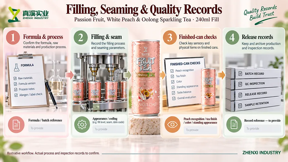 Production review guide covering formula and process, filling and seam, peach recognition, tea finish, color, standing appearance and release records.