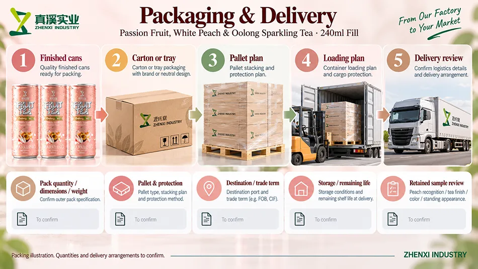 Packing and delivery reference showing finished passion fruit and white peach tea cans, cartons, pallets, loading, storage and retained sample review.