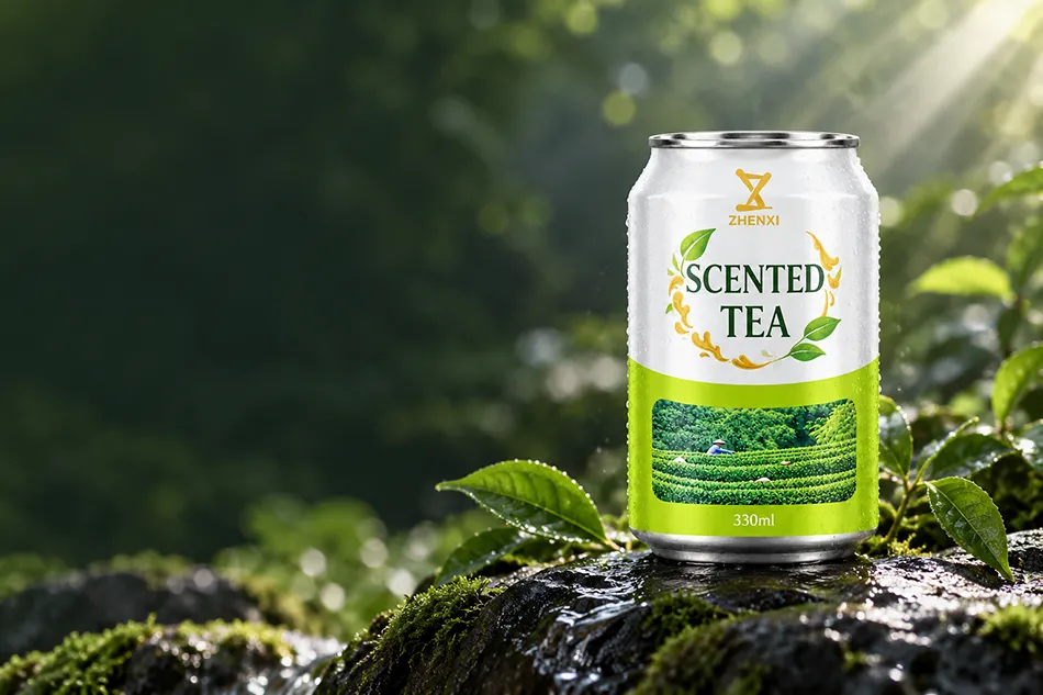 ZhenXi scented tea packaging concept in a silver and green 330ml Standard can on a forest rock