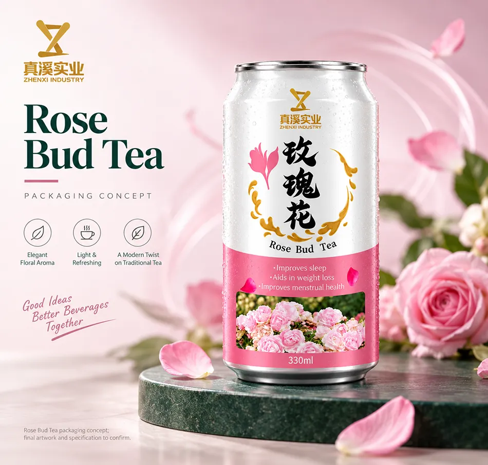 Rose Bud Tea 330ml packaging concept with illustrated rose decoration