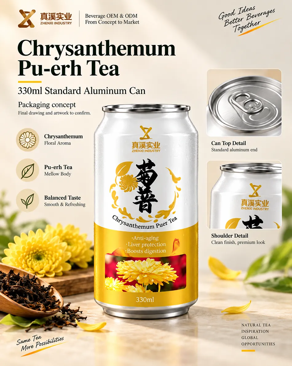 Front packaging concept for a 330ml Chrysanthemum Pu-erh Tea Standard can with shoulder and end detail