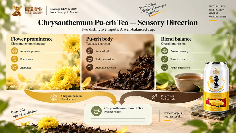 Chrysanthemum Pu-erh Tea sensory review covering flower prominence, pu-erh body, blend balance