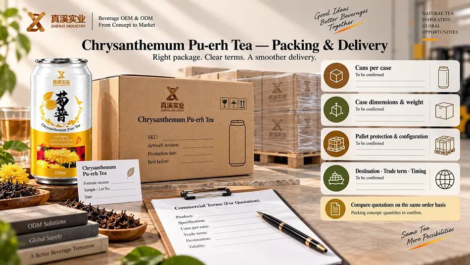 Packing configuration and delivery terms to confirm for 330ml Chrysanthemum Pu-erh Tea cans