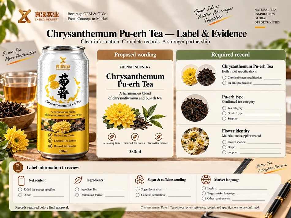 Chrysanthemum Pu-erh Tea label wording mapped to required ingredient and product records
