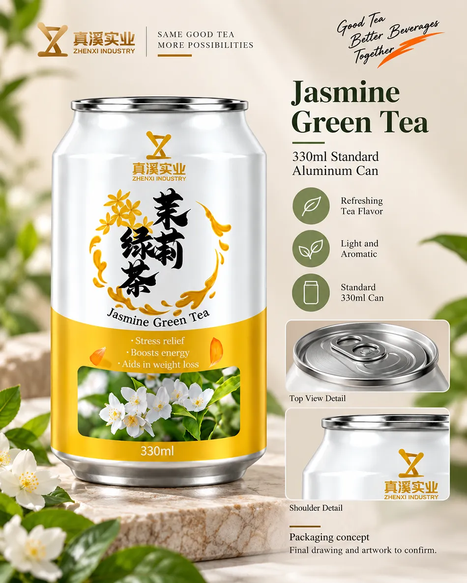 Front packaging concept for a 330ml Jasmine Green Tea Standard can with shoulder and end detail
