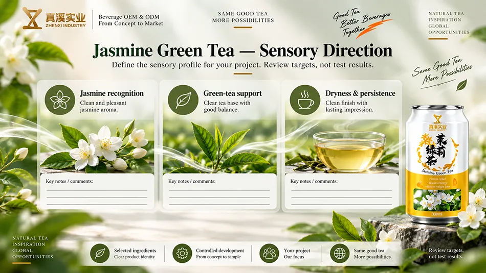 Jasmine Green Tea sensory review covering jasmine recognition, green-tea support, dryness & persistence