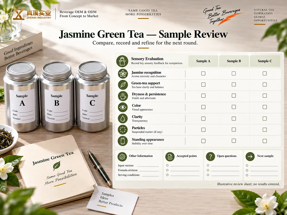 Blank Jasmine Green Tea sample comparison sheet with product-specific sensory and appearance fields