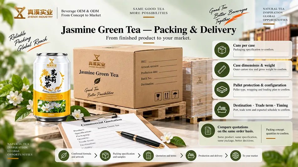Packing configuration and delivery terms to confirm for 330ml Jasmine Green Tea cans